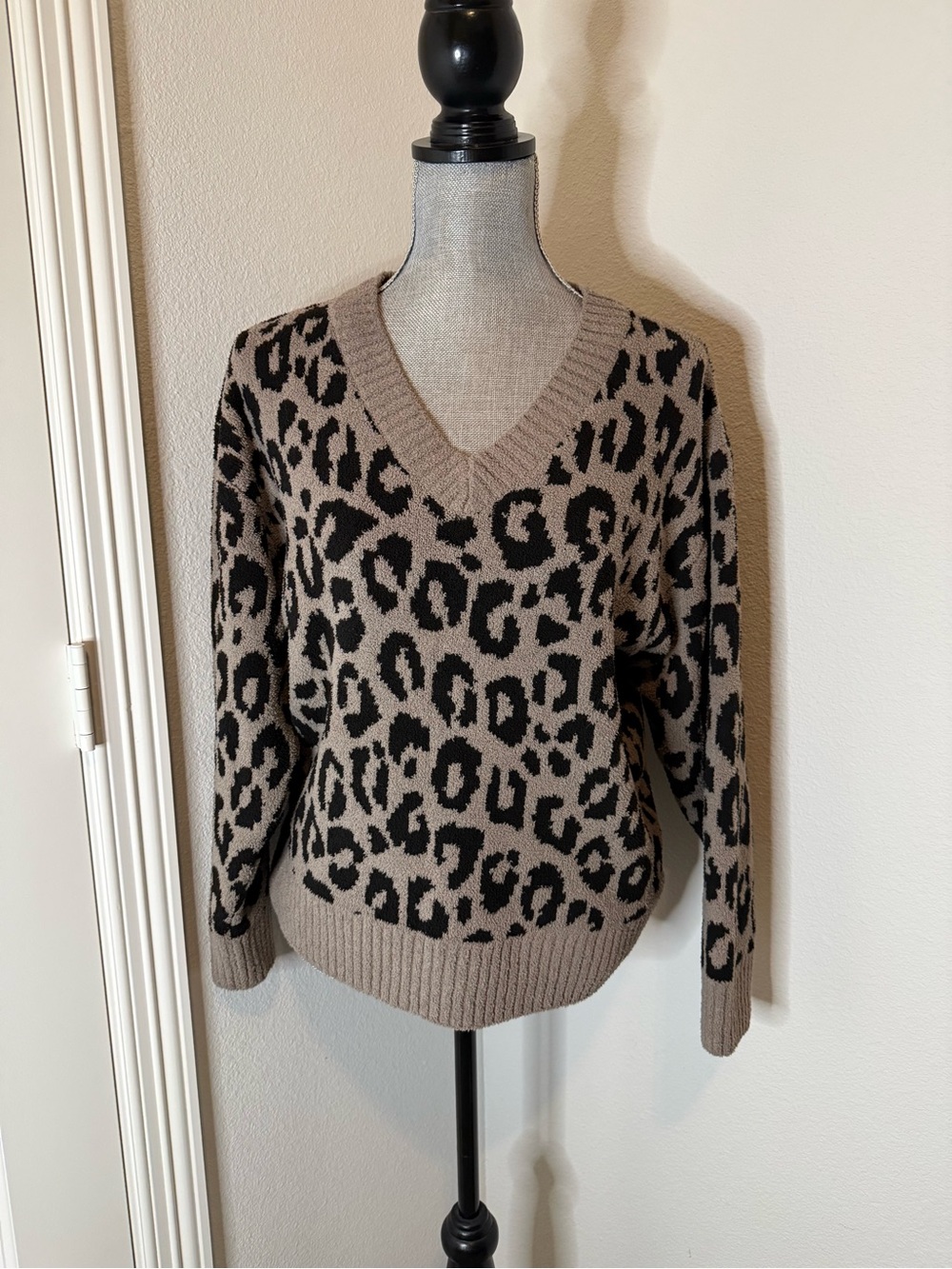 Joyspun Leopard Print V-Neck Sweater in Taupe and Black
